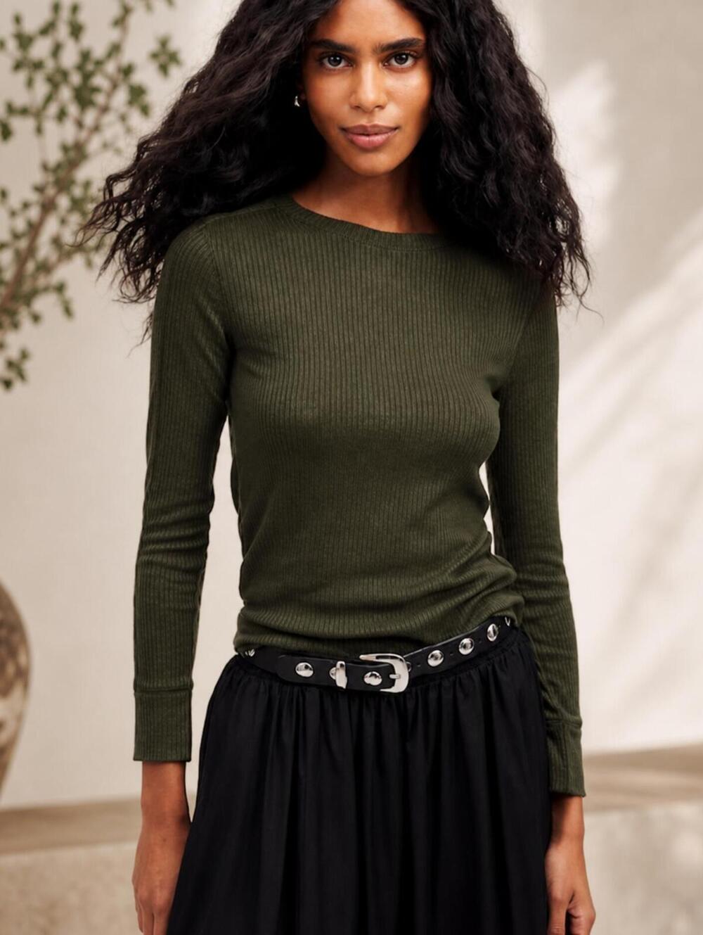 Madewell Ribbed Long Sleeve Top XS Olive Green Soft Knit Casual Oversized Earthy